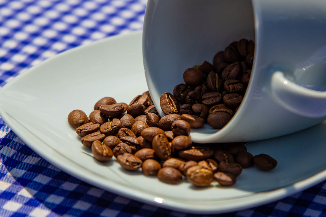 Kaffeetasse die Kaffeebohnen auf Untertasse ausleert. Hintergrund blau-weisskarierte Tischdecke